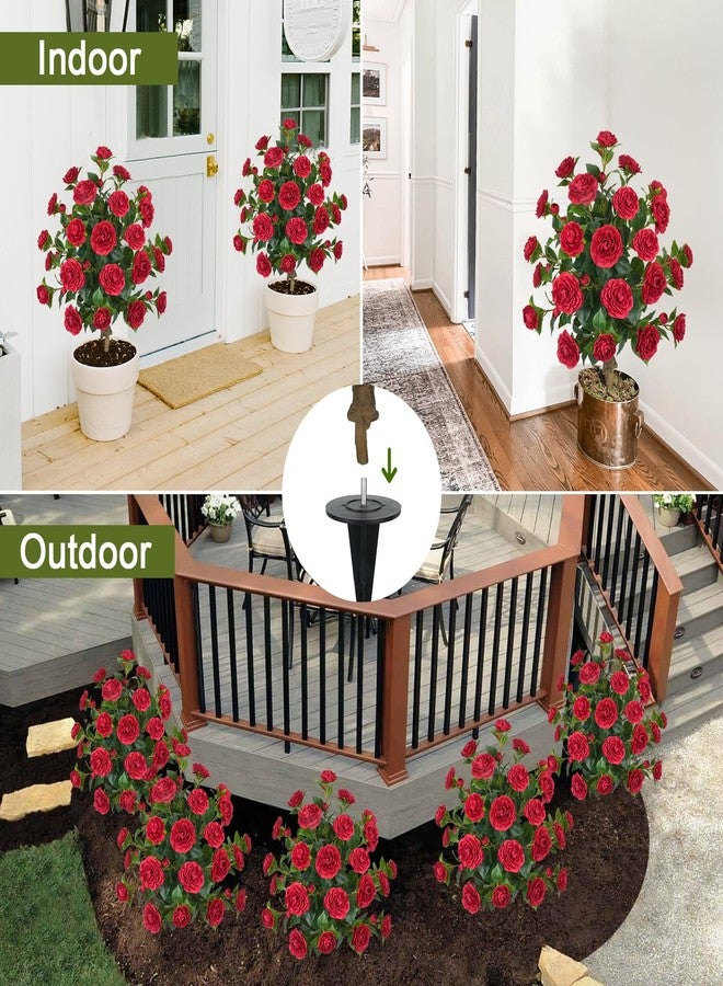 MHMJON 2 Packs 35.4" Artificial Camellia Tree Outdoor, 3FT Fake Flower Trees UV Resistant Faux Bushes Outdoor for Patio Porch Garden Indoor Flower Pots Home Decoration (Red) - Image 4